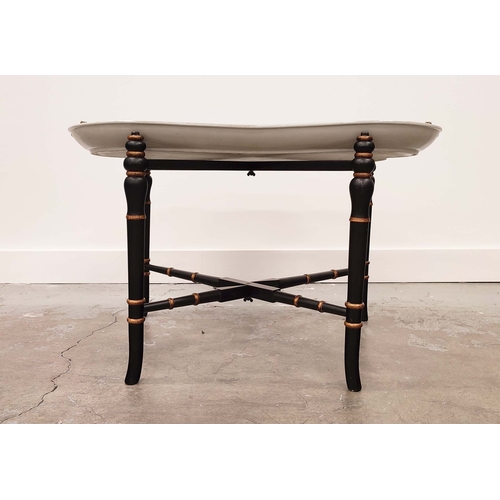 378 - TRAY TABLE, Regency style ceramic and gilt metal handled tray on black and gilt painted base, 57cm H... 