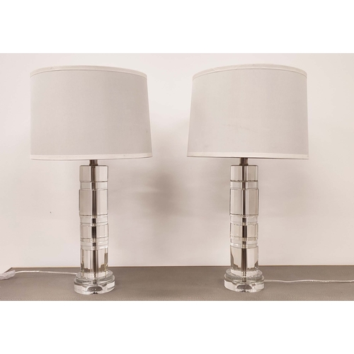 379 - LAUREN TABLE LAMPS, a pair, glass cylindrical form, with shades, 71cm H. (2)