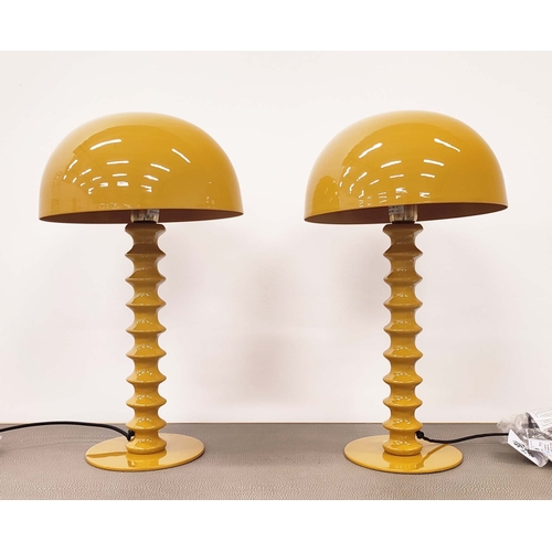 380 - MUSHROOM TABLE LAMPS, a pair, yellow enameled metal, 50cm H x 28cm W. (2)