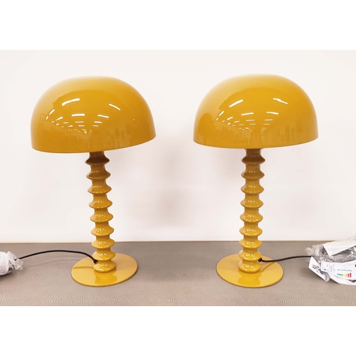 380 - MUSHROOM TABLE LAMPS, a pair, yellow enameled metal, 50cm H x 28cm W. (2)