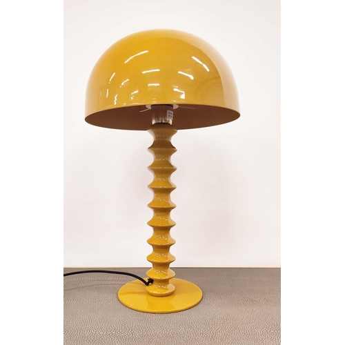 380 - MUSHROOM TABLE LAMPS, a pair, yellow enameled metal, 50cm H x 28cm W. (2)