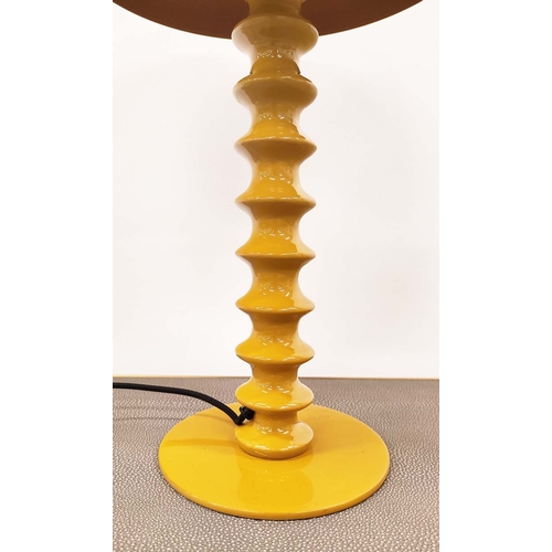 380 - MUSHROOM TABLE LAMPS, a pair, yellow enameled metal, 50cm H x 28cm W. (2)