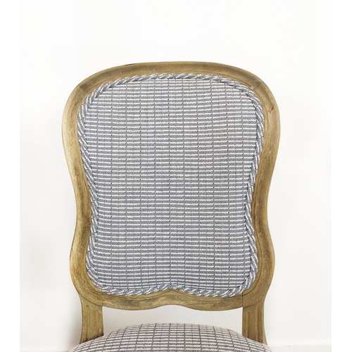 383 - DINING CHAIRS, a set of six in a blue and white patterned fabric with wooden show frames. (6)