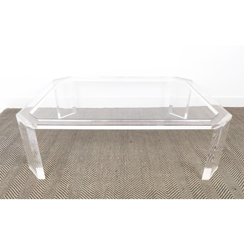 384 - LOW TABLE, perspex with a glass top and canted corners, 89cm D x 40cm H x 122cm W.