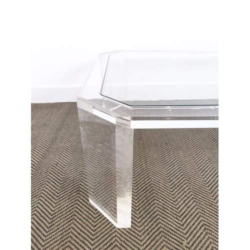 384 - LOW TABLE, perspex with a glass top and canted corners, 89cm D x 40cm H x 122cm W.