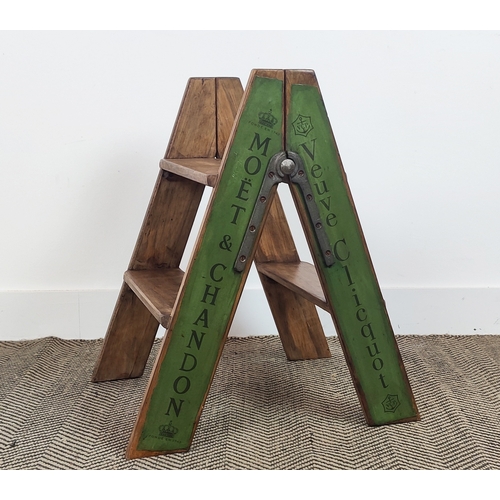 385 - STEP LADDER, vintage style printed with champagne houses, 60cm H x 43cm W x 51cm D.