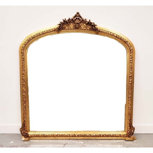 386 - OVERMANTEL MIRROR, gilt arched frame and bevelled plate, 152cm H x 138cm W.