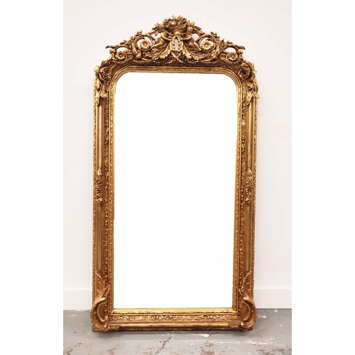 388 - OVERMANTEL MIRROR, gilt frame with ornate crest, 155cm H x 86cm W.