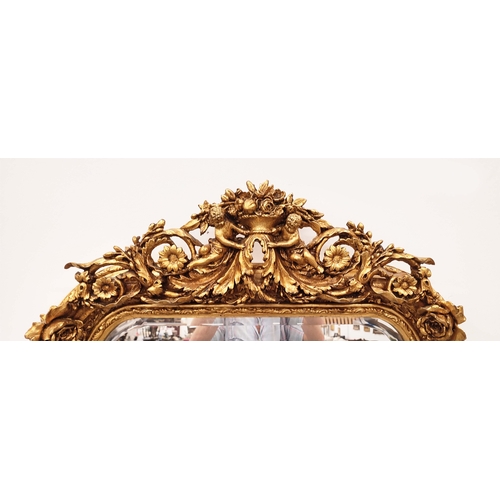 388 - OVERMANTEL MIRROR, gilt frame with ornate crest, 155cm H x 86cm W.