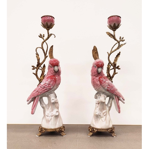 390 - CANDLESTICKS, a pair, ceramic parakeet form with gilt metal detail, 42cm H. (2)