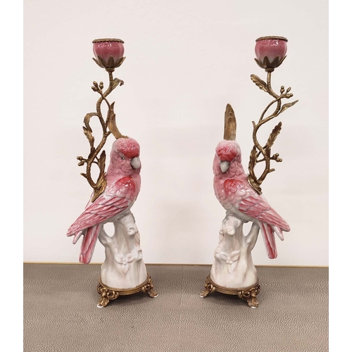 390 - CANDLESTICKS, a pair, ceramic parakeet form with gilt metal detail, 42cm H. (2)