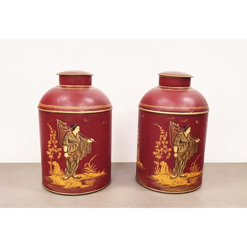 392 - TEA CANISTERS, a pair, toleware style with  Chinoiserie style decoration, 37cm H x 23cm W. (2)