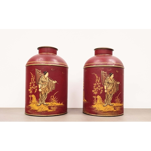 392 - TEA CANISTERS, a pair, toleware style with  Chinoiserie style decoration, 37cm H x 23cm W. (2)