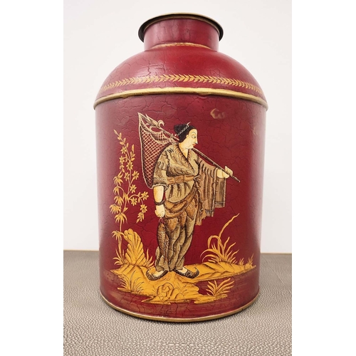 392 - TEA CANISTERS, a pair, toleware style with  Chinoiserie style decoration, 37cm H x 23cm W. (2)