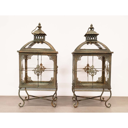 393 - LANTERNS, a pair, verdigris style finish metal and glass, 52cm H x 24cm W. (2)