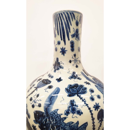 394 - BOTTLES NECK VASES, a pair, Chinese style blue and white ceramic, 56cm H x 38cm W. (2)