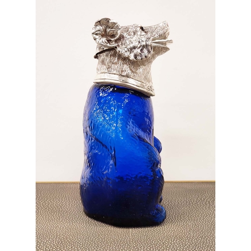 395 - CLARET JUG, bear form with blue glass body and polished metal head, 24cm H.