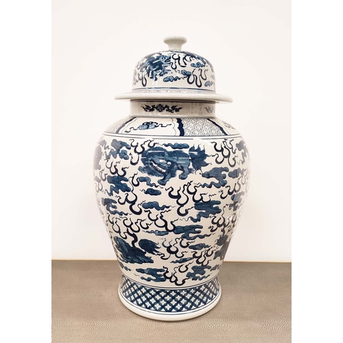 397 - RALPH LAUREN TEMPLE JAR, blue and white ceramic, 63cm H x 37cm W.