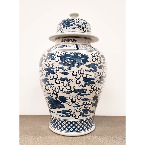 397 - RALPH LAUREN TEMPLE JAR, blue and white ceramic, 63cm H x 37cm W.