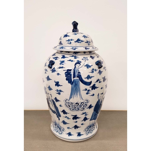 398 - TEMPLE JAR, Chinese style blue and white ceramic, 53cm H x 28cm W.