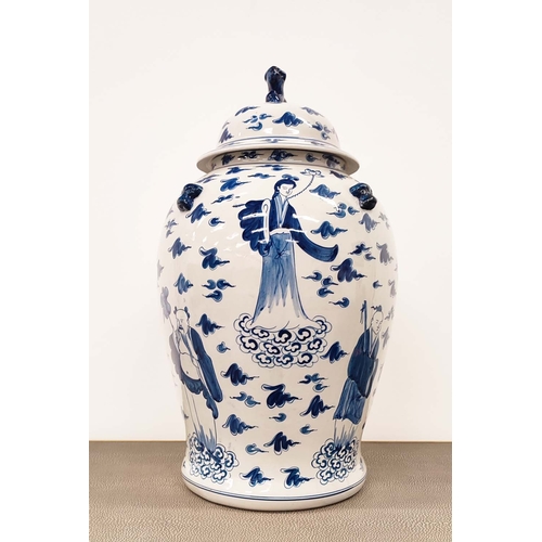 398 - TEMPLE JAR, Chinese style blue and white ceramic, 53cm H x 28cm W.