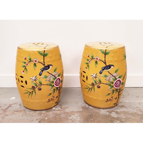 401 - BARREL STOOLS, a pair, Chinese style yellow ceramic with bird and floral decoration, 46cm H x 33cm W... 