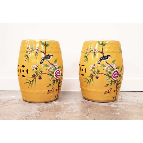 401 - BARREL STOOLS, a pair, Chinese style yellow ceramic with bird and floral decoration, 46cm H x 33cm W... 