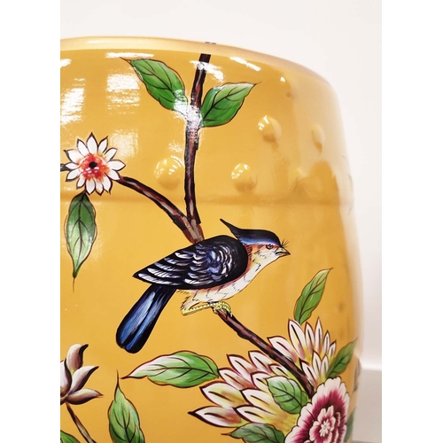 401 - BARREL STOOLS, a pair, Chinese style yellow ceramic with bird and floral decoration, 46cm H x 33cm W... 