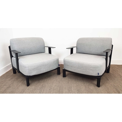 405 - CONRAN ARMCHAIRS, a pair, with light grey upholstery on black metal supports, 74cm H x 79cm W x 80cm... 