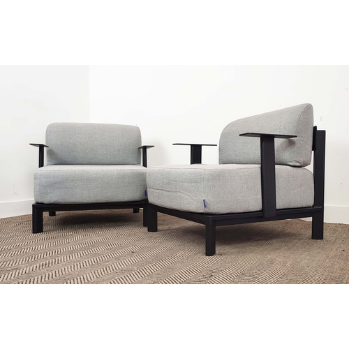 405 - CONRAN ARMCHAIRS, a pair, with light grey upholstery on black metal supports, 74cm H x 79cm W x 80cm... 