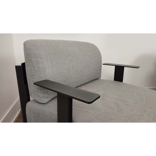 405 - CONRAN ARMCHAIRS, a pair, with light grey upholstery on black metal supports, 74cm H x 79cm W x 80cm... 