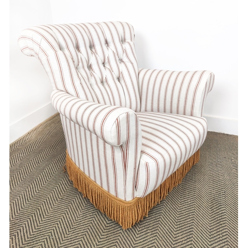 73 - BOUDOIR CHAIR, buttoned cream striped and orange tasselled upholstery on castors, 78cm H x 77cm W x ... 