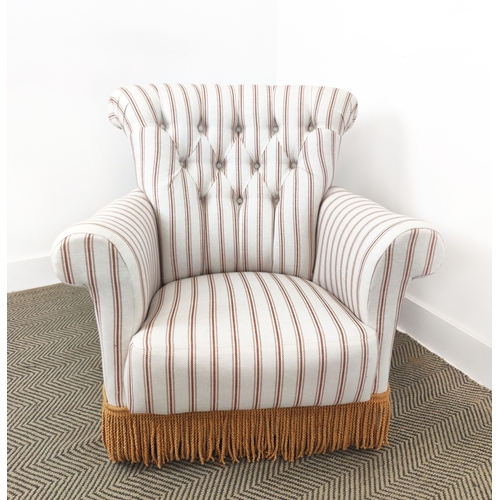 73 - BOUDOIR CHAIR, buttoned cream striped and orange tasselled upholstery on castors, 78cm H x 77cm W x ... 