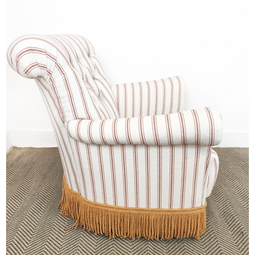 73 - BOUDOIR CHAIR, buttoned cream striped and orange tasselled upholstery on castors, 78cm H x 77cm W x ... 