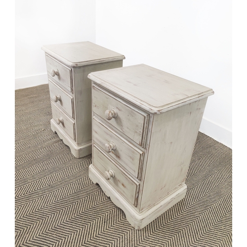 75 - BEDSIDE CHESTS, a pair, grey painted each with three drawers, 64cm H x 46cm W x 36cm D. (2)