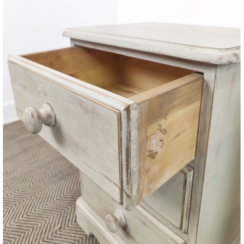 75 - BEDSIDE CHESTS, a pair, grey painted each with three drawers, 64cm H x 46cm W x 36cm D. (2)