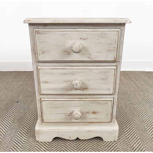 75 - BEDSIDE CHESTS, a pair, grey painted each with three drawers, 64cm H x 46cm W x 36cm D. (2)