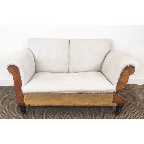 76 - DROP END SOFA, Victorian with deconstructed old calico upholstery and adjustable arm, 90cam H x 154c... 