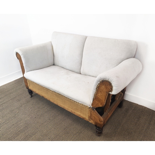 76 - DROP END SOFA, Victorian with deconstructed old calico upholstery and adjustable arm, 90cam H x 154c... 