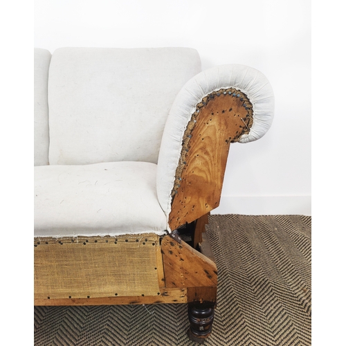 76 - DROP END SOFA, Victorian with deconstructed old calico upholstery and adjustable arm, 90cam H x 154c... 