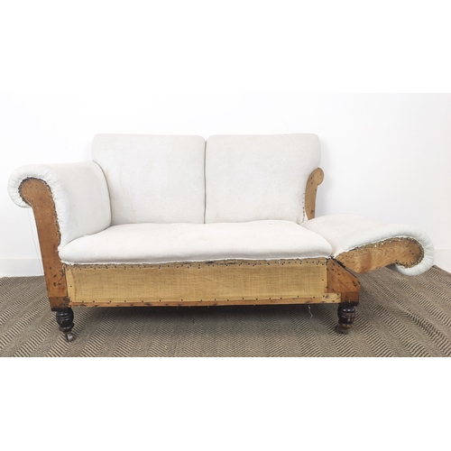 76 - DROP END SOFA, Victorian with deconstructed old calico upholstery and adjustable arm, 90cam H x 154c... 