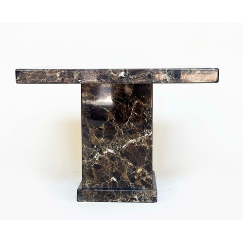 92 - LAMP TABLE, square marble raised upon conforming plinth base, 65cm x 65cm x 52cm H.