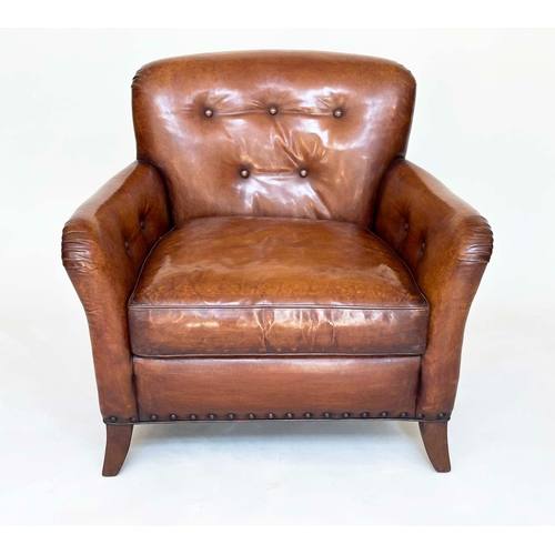 97 - LIBRARY ARMCHAIR BY HANCOCK AND MOORE, club form hand finished soft tan brown leather with rounded b... 