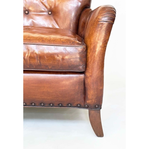 97 - LIBRARY ARMCHAIR BY HANCOCK AND MOORE, club form hand finished soft tan brown leather with rounded b... 