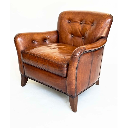 97 - LIBRARY ARMCHAIR BY HANCOCK AND MOORE, club form hand finished soft tan brown leather with rounded b... 