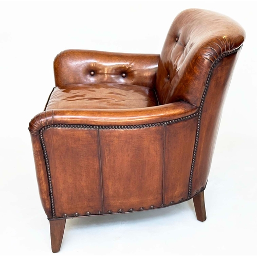 97 - LIBRARY ARMCHAIR BY HANCOCK AND MOORE, club form hand finished soft tan brown leather with rounded b... 