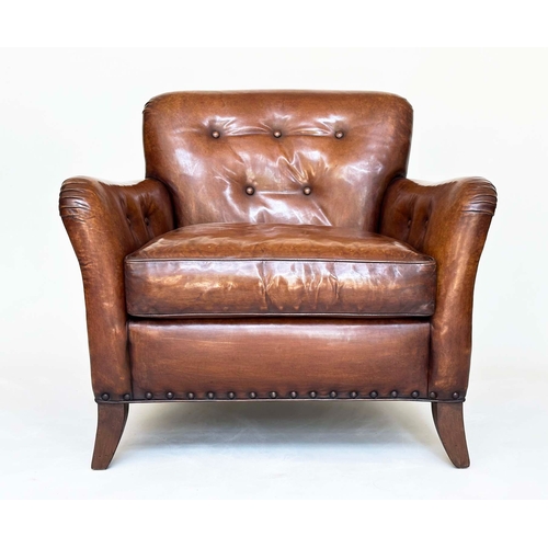 97 - LIBRARY ARMCHAIR BY HANCOCK AND MOORE, club form hand finished soft tan brown leather with rounded b... 