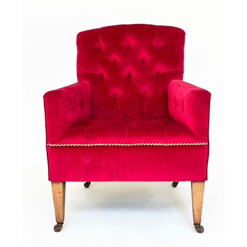 99 - ARMCHAIR, Edwardian raspberry red velvet upholstered with buttoned back and seat and square tapering... 