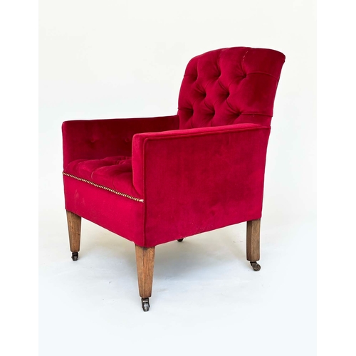 99 - ARMCHAIR, Edwardian raspberry red velvet upholstered with buttoned back and seat and square tapering... 