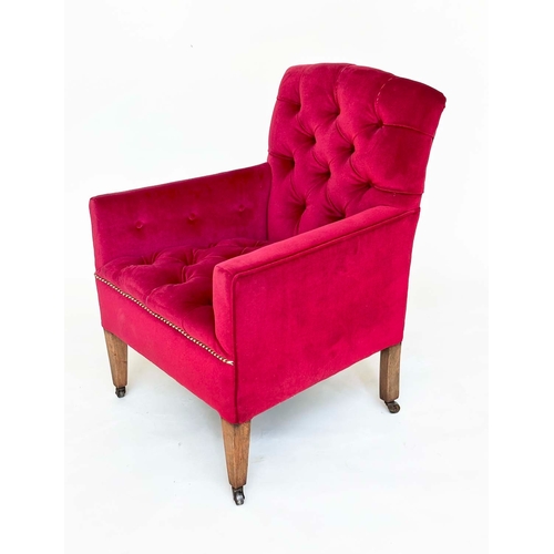 99 - ARMCHAIR, Edwardian raspberry red velvet upholstered with buttoned back and seat and square tapering... 